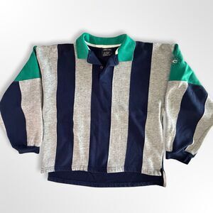 VTG 90s Cherokee Long Sleeve Polo Sweatshirt, L Vertical Stripes Navy Gray Green